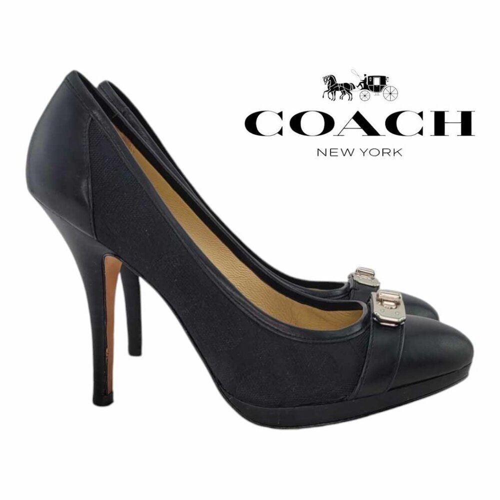 AUTHENTIC Coach Camille Black Signature Turnlock Pumps Sz 5.5 Smooth Leather Toe